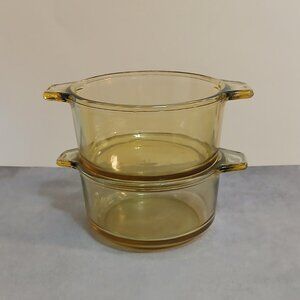 2 Vintage Dynaware Pyr-O-Rey Amber Glass Small Souffle Dishes-Mexico